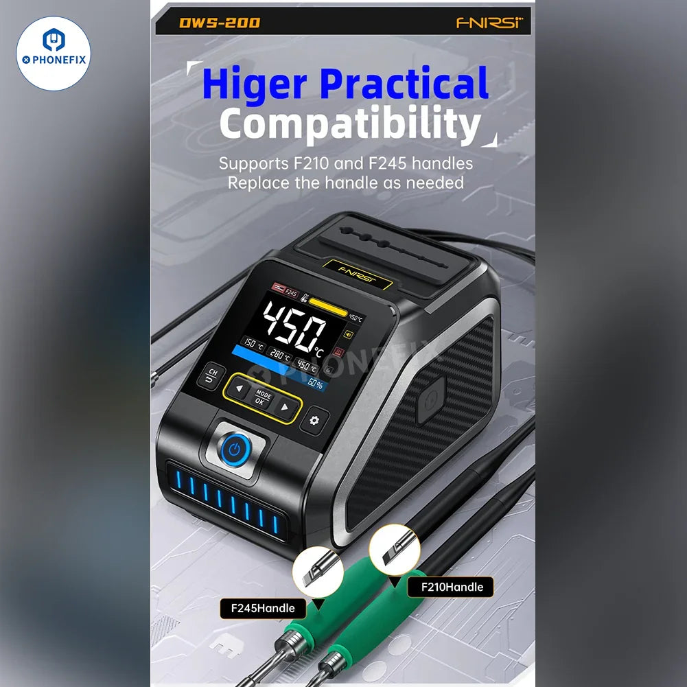 FNIRSI DWS-200 BGA soldering station with T210 handle, 200W power, compatible with PHONEFIX T245 tip for precise soldering.
