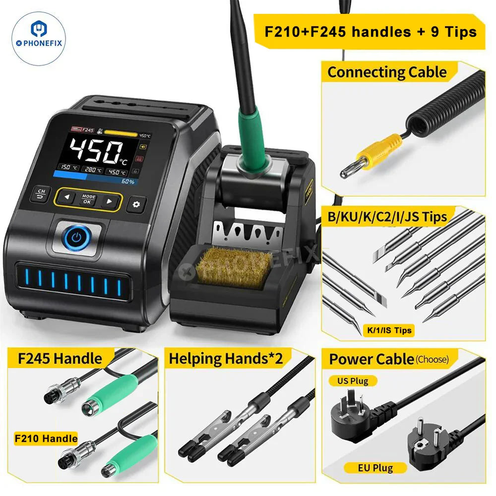 FNIRSI DWS-200 BGA soldering station with T210 and T245 handles, featuring digital display and temperature control.