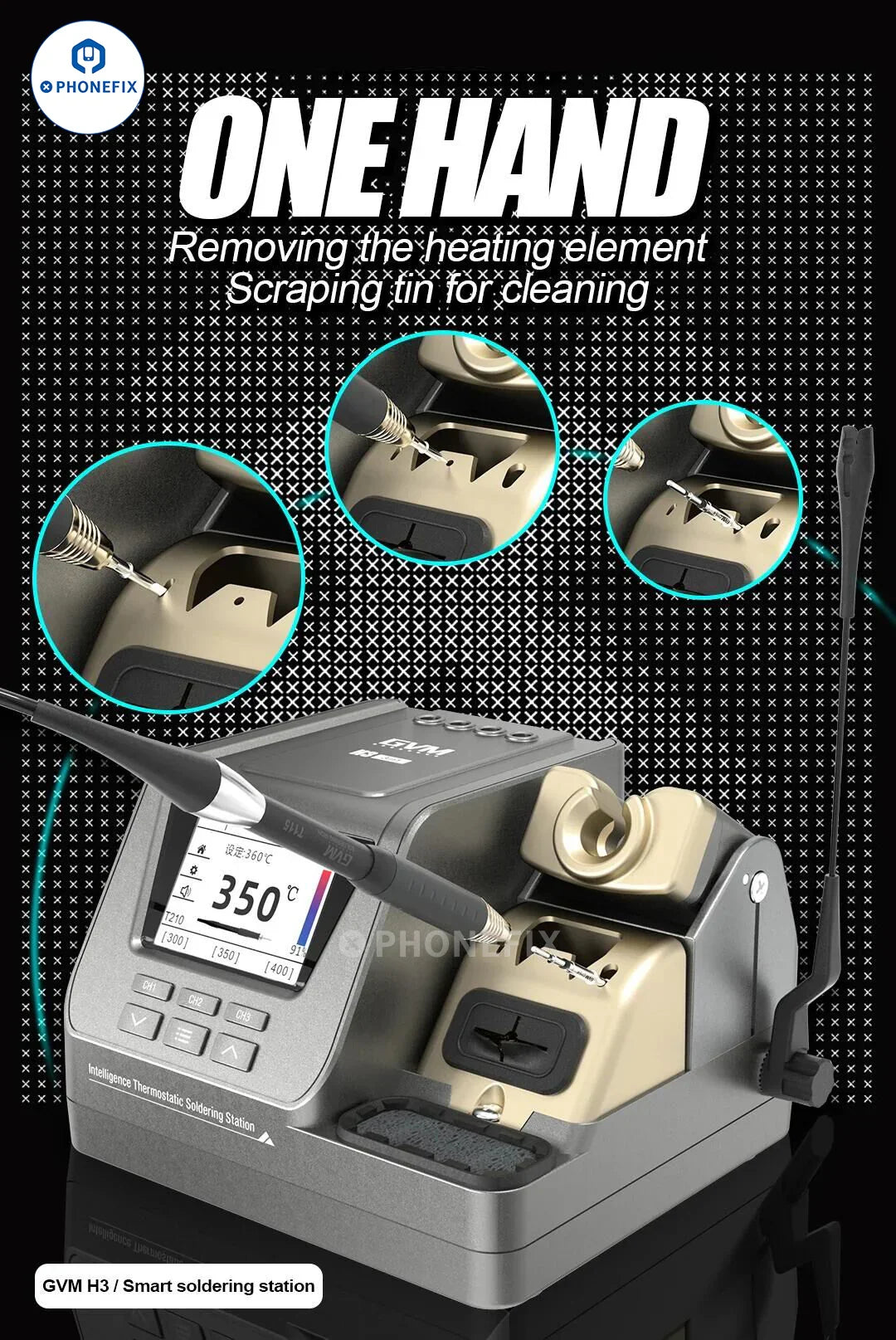 GVM H3 3-in-1 smart BGA soldering station with T210, T115, T245 handles, designed for precise electronic component soldering.