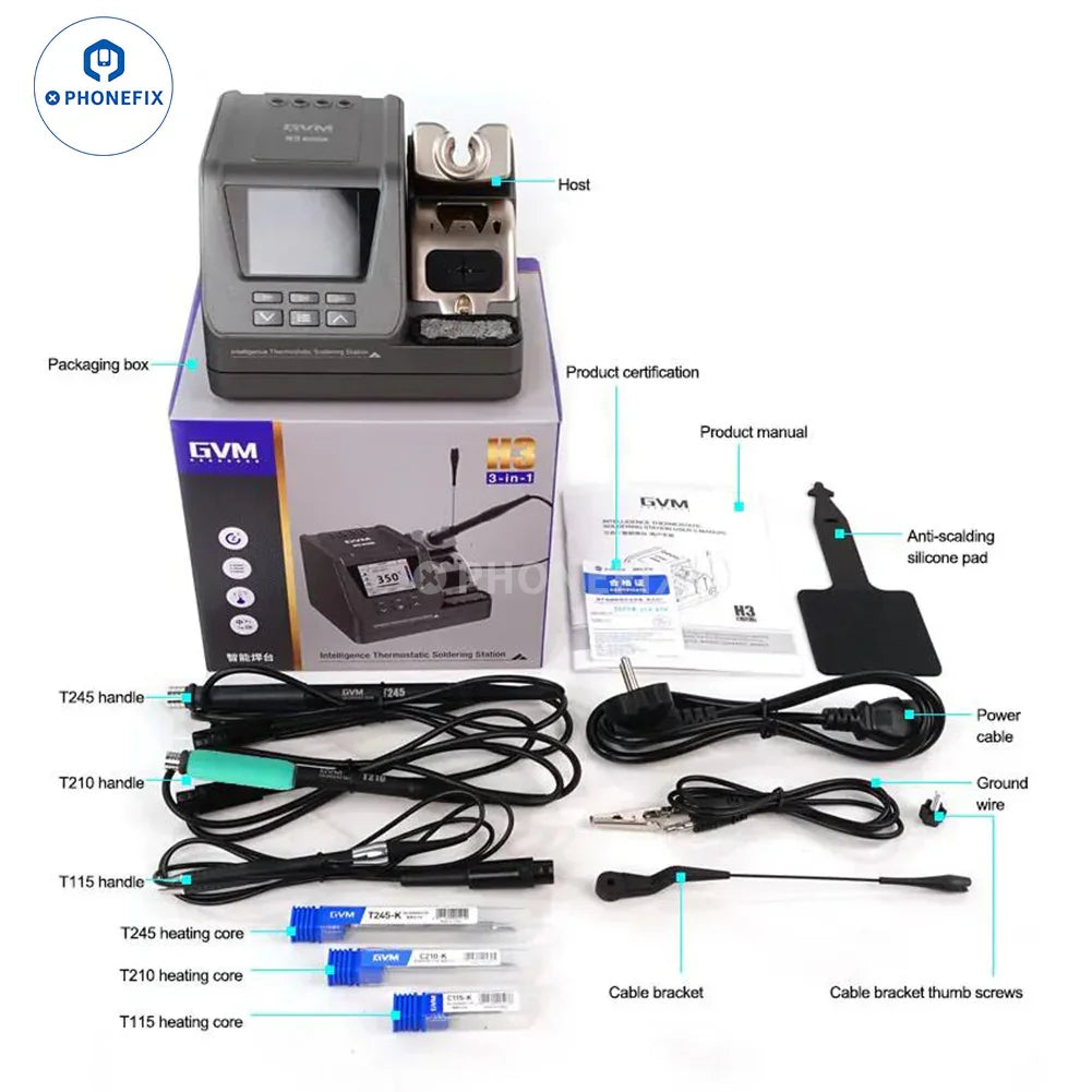 GVM H3 3-in-1 smart BGA soldering station with T210, T115, T245 handles for precise electronic repairs
