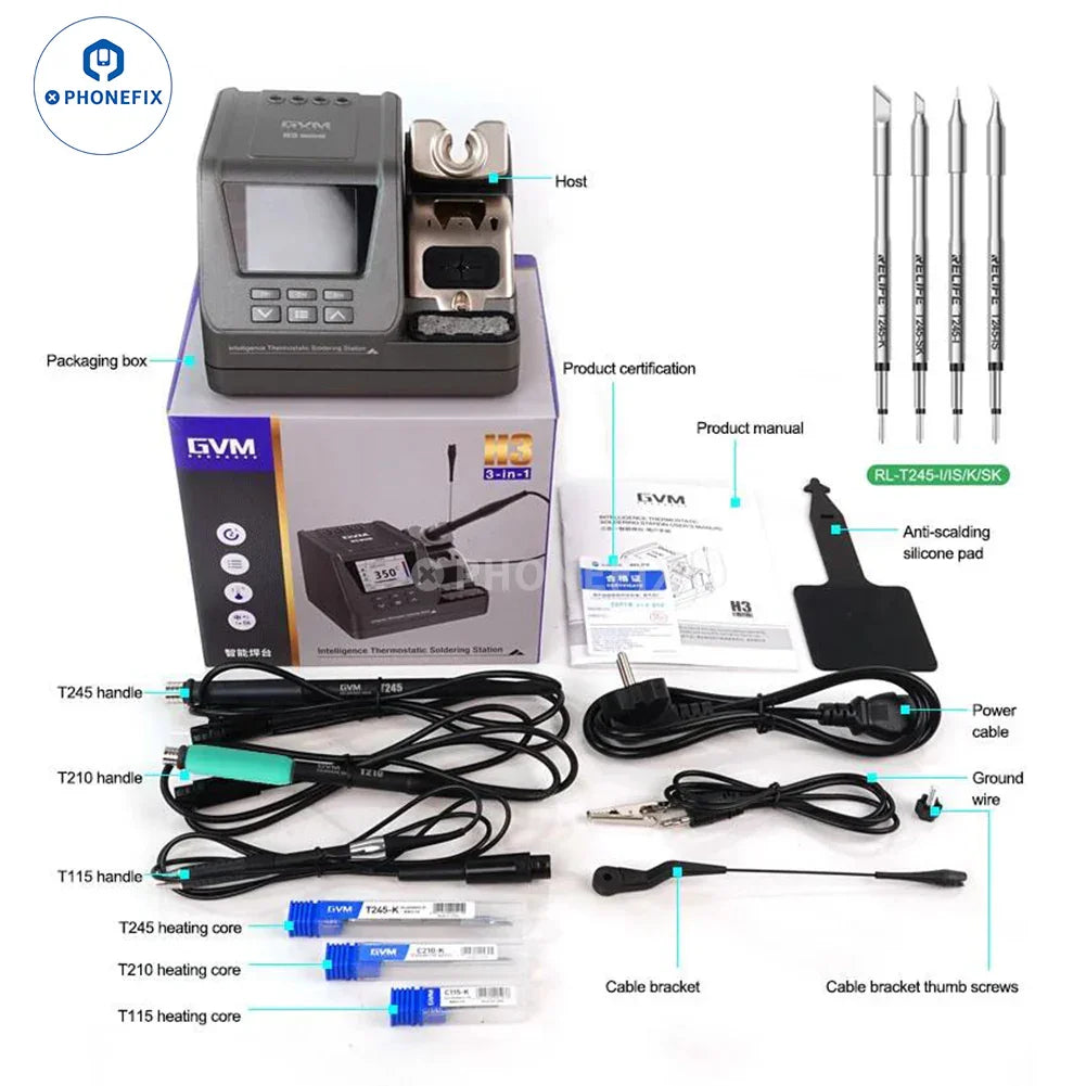 GVM H3 3-in-1 smart soldering station with T210, T115, T245 handles for BGA soldering, labeled handles and station setup.