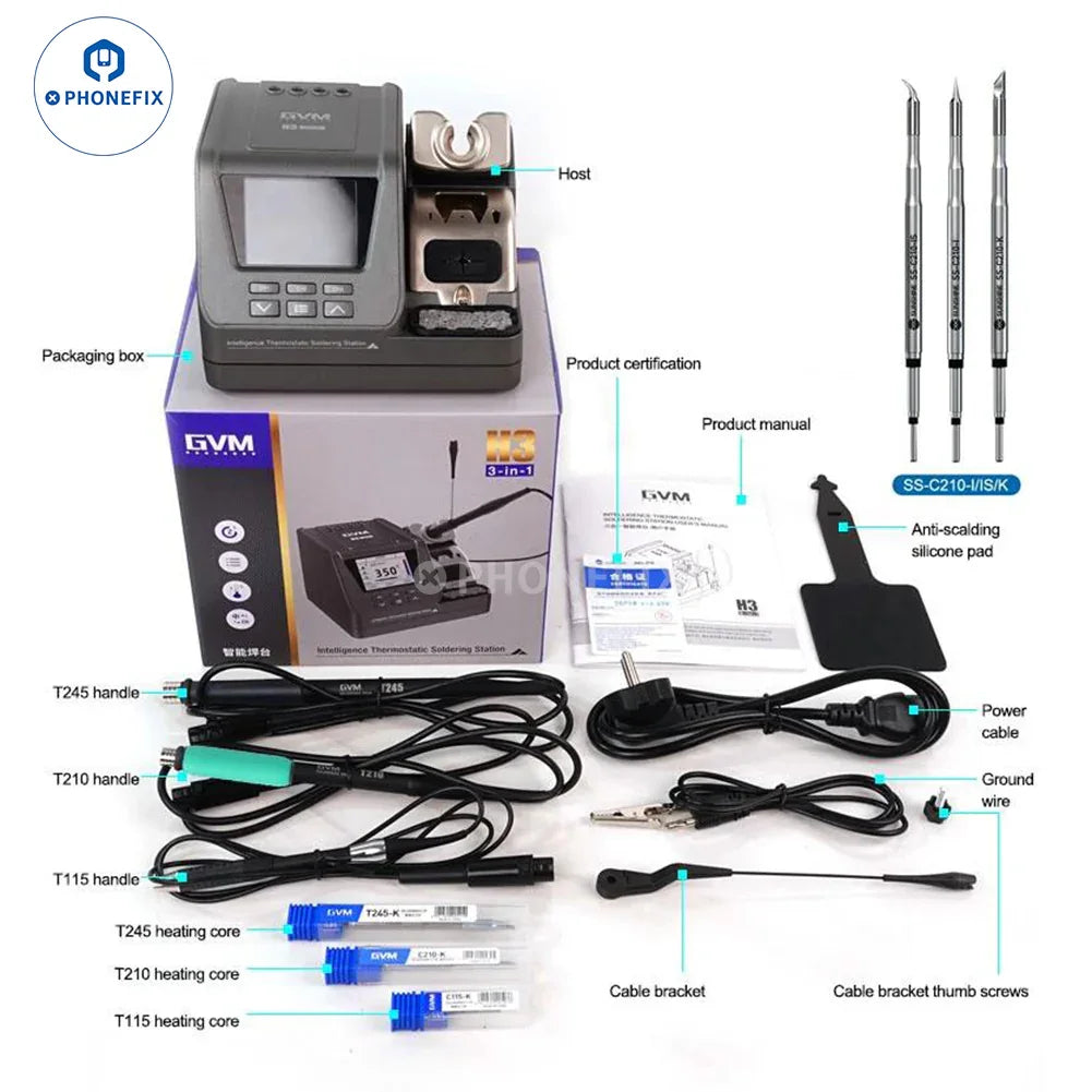 GVM H3 3-in-1 smart BGA soldering station with T210, T115, T245 handles for precise electronic repair work.