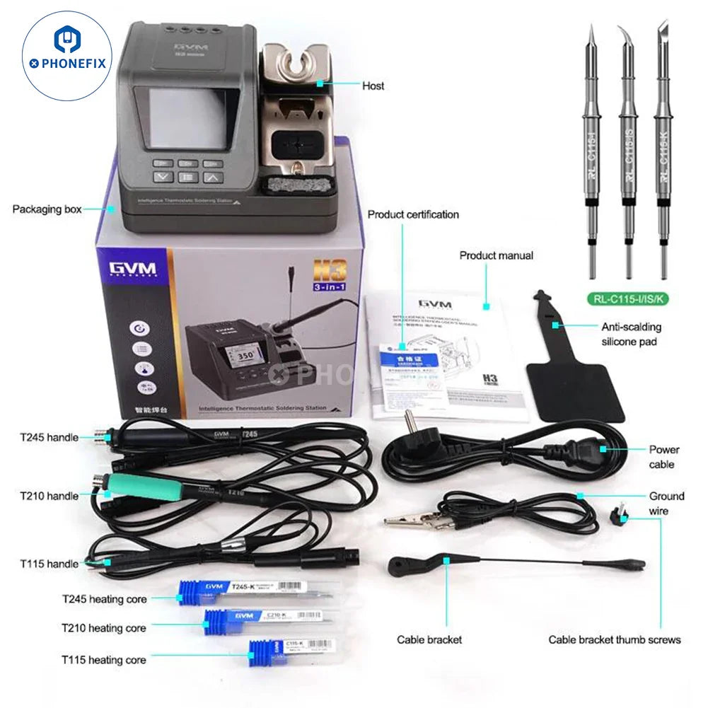 GVM H3 3-in-1 smart BGA soldering station with T210, T115, and T245 handles, designed for precise electronic soldering.