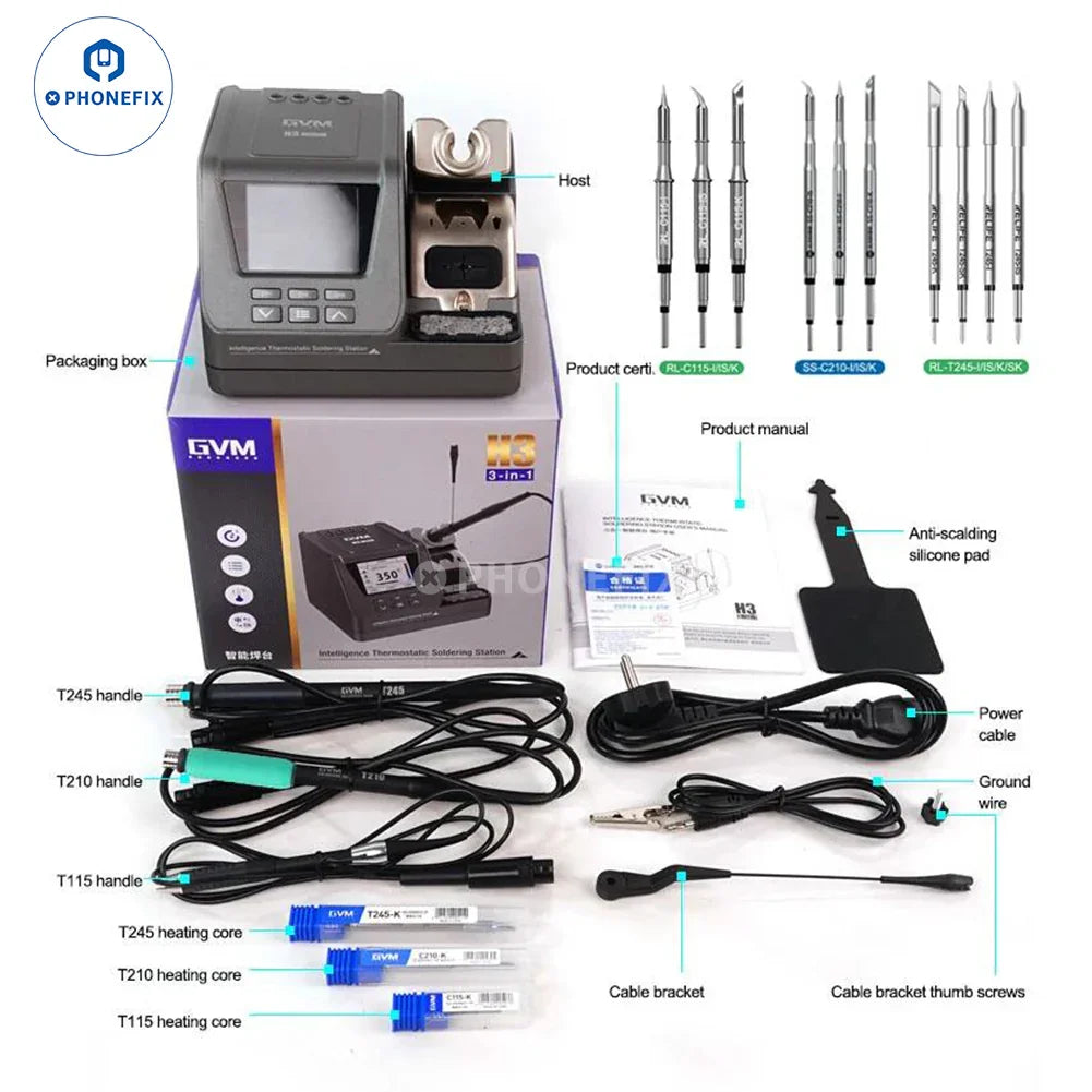 GVM H3 3-in-1 smart BGA soldering station with T210, T115, T245 handles, featuring digital controls and precision tips.