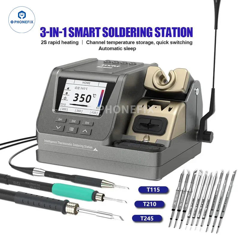 GVM H3 3-in-1 smart BGA soldering station by PHONEFIX with T210, T115, T245 handles, featuring a sleek control panel.