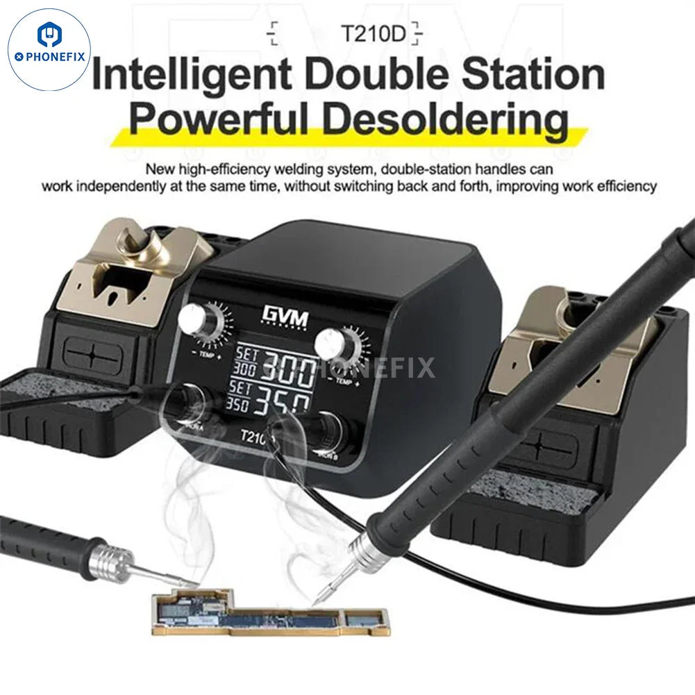 PHONEFIX GVM T210D BGA soldering station with digital display and dual soldering irons for PCB repair and welding.
