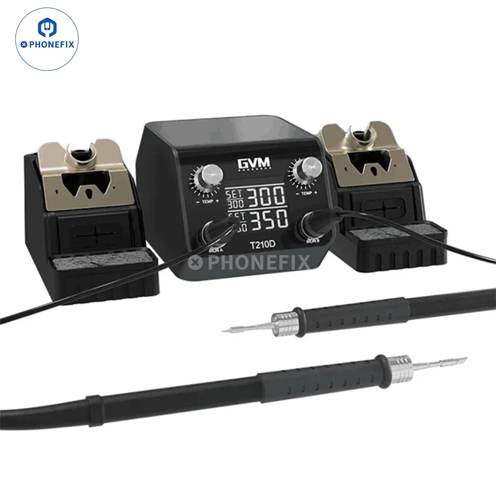 Phonefix GVM T210D BGA Soldering Station for PCB welding and repair with double soldering tips and intelligent controls.