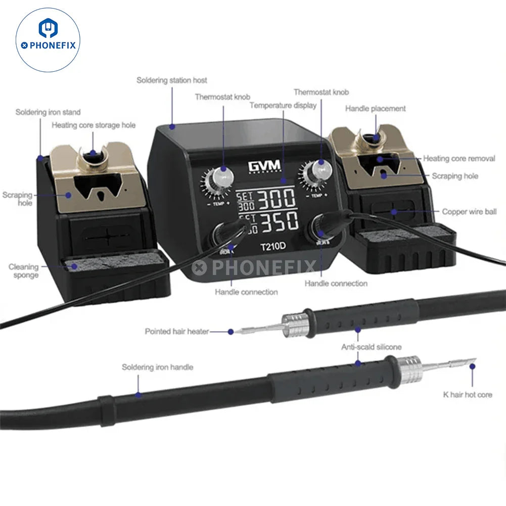 Phonefix GVM T210D BGA soldering station for PCB welding repair, featuring intelligent double soldering for precise electronics work.