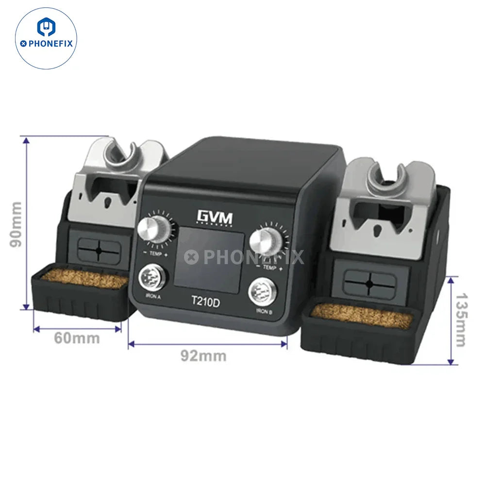 Phonefix GVM T210D BGA soldering station for PCB welding repair with double soldering tips and intelligent temperature control.