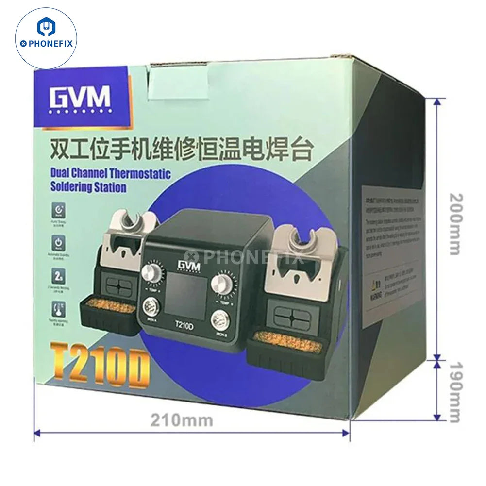 PhoneFix GVM T210D BGA soldering station for PCB welding repair, featuring dual soldering irons and intelligent temperature control.
