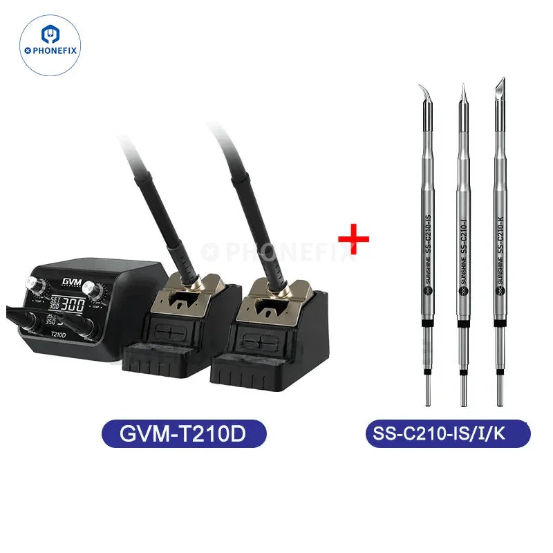 PHONEFIX GVM T210D BGA Soldering Station for PCB welding and repair with double soldering tips and intelligent temperature control.