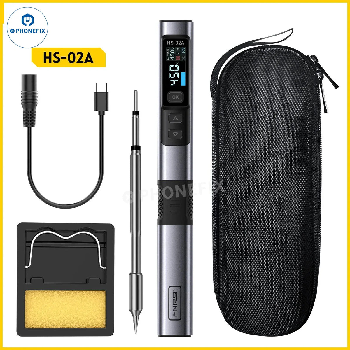 FNIRSI HS-02 100W BGA soldering station by PHONEFIX with adjustable constant temperature setting, shown with soldering iron in use.