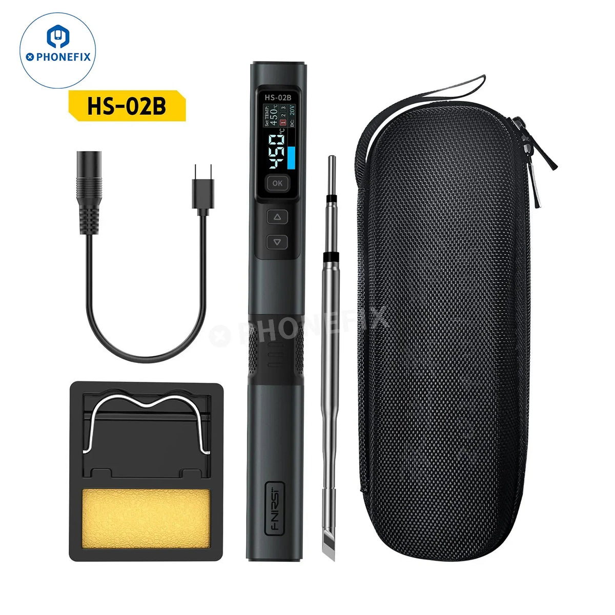 PHONEFIX FNIRSI HS-02 100W BGA Soldering Station with adjustable constant temperature soldering iron and digital controls.