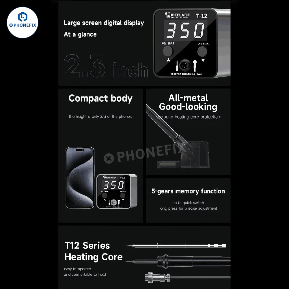 PHONEFIX Mechanic T12 Pro BGA soldering station with anti-static features and iron tip for precise electronics repair.