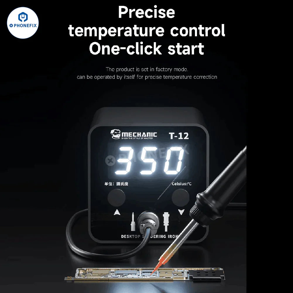 PHONEFIX Mechanic T12 Pro BGA Soldering Station with anti-static features and iron tip for precise electronics repair.