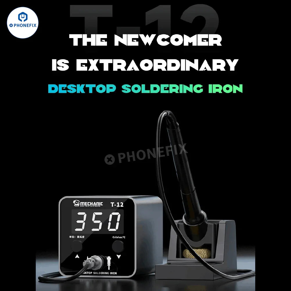 PHONEFIX Mechanic T12 Pro BGA Soldering Station with anti-static design and iron tip for precise electronic repair work.