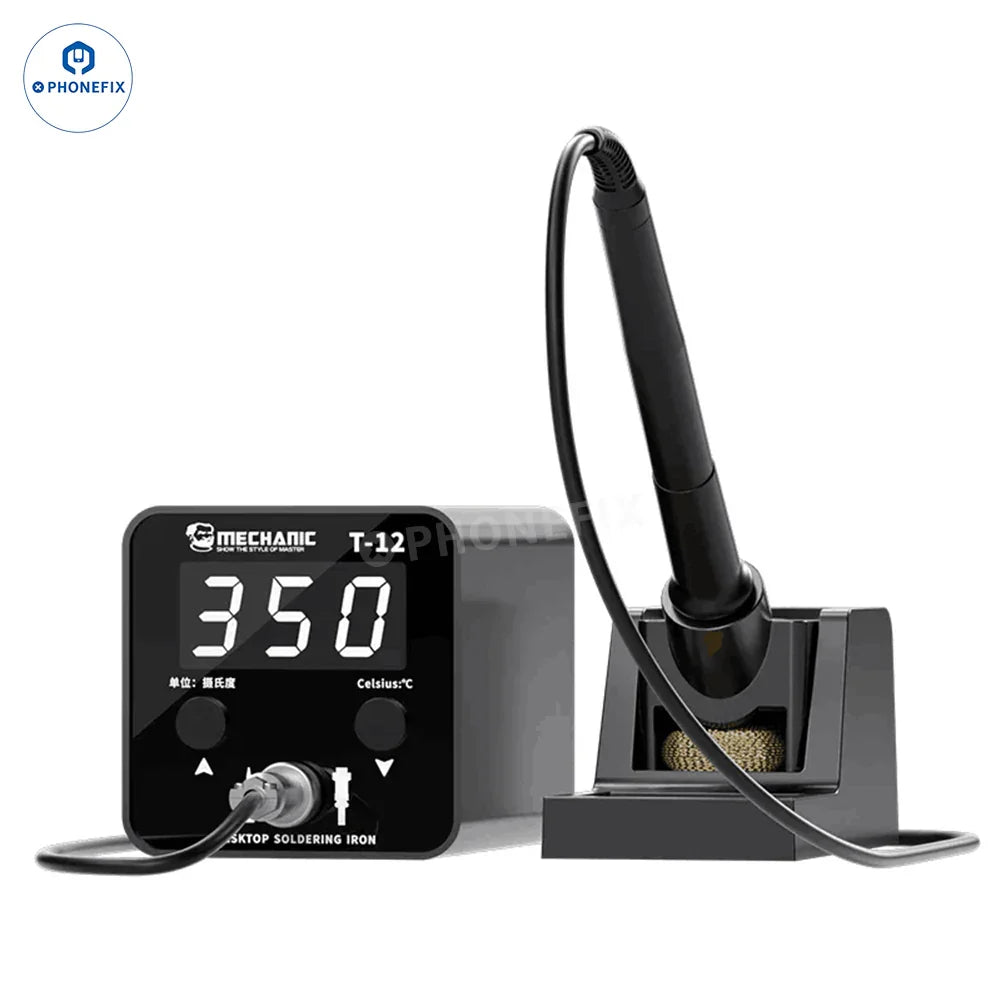 PHONEFIX Mechanic T12 Pro BGA Soldering Station with anti-static design and iron tip for precise circuit board repairs.