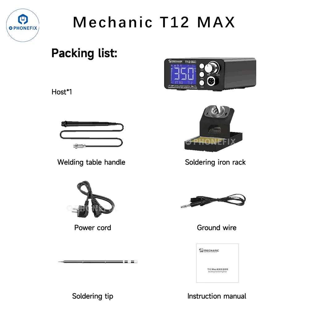 PHONEFIX Mechanic T12 Pro BGA Soldering Station with anti-static design and iron tip for precise circuit board soldering.
