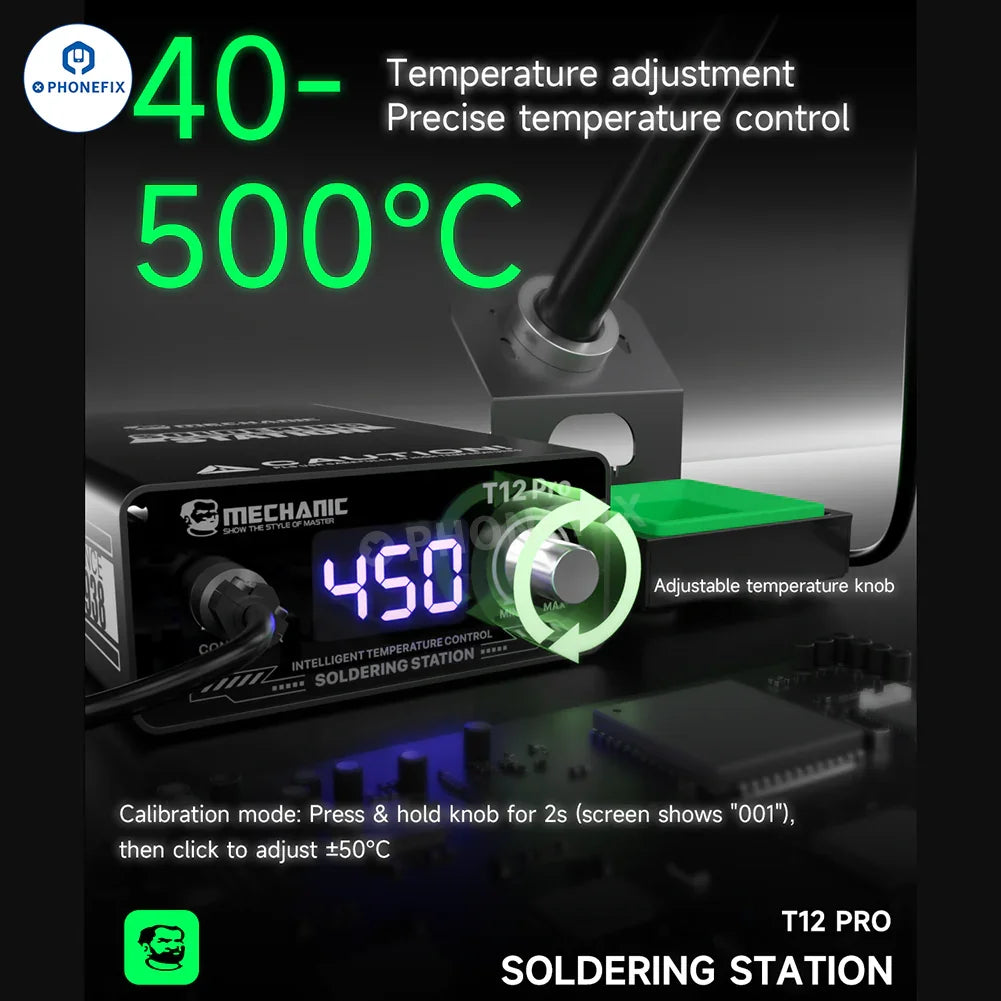 PHONEFIX Mechanic T12 Pro BGA Soldering Station with anti-static design and iron tip for precise electronic repairs.