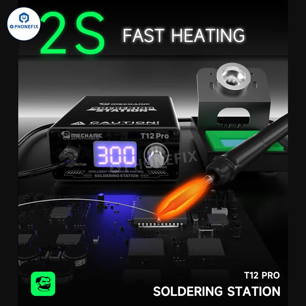 PHONEFIX Mechanic T12 Pro BGA Soldering Station with anti-static design and iron tip for precise electronic repairs.