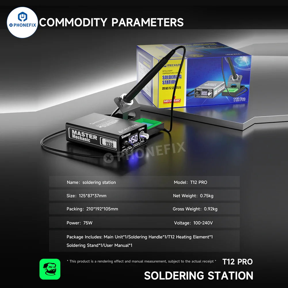 PHONEFIX Mechanic T12 Pro BGA Soldering Station with anti-static design and iron tip for precise electronic repairs.