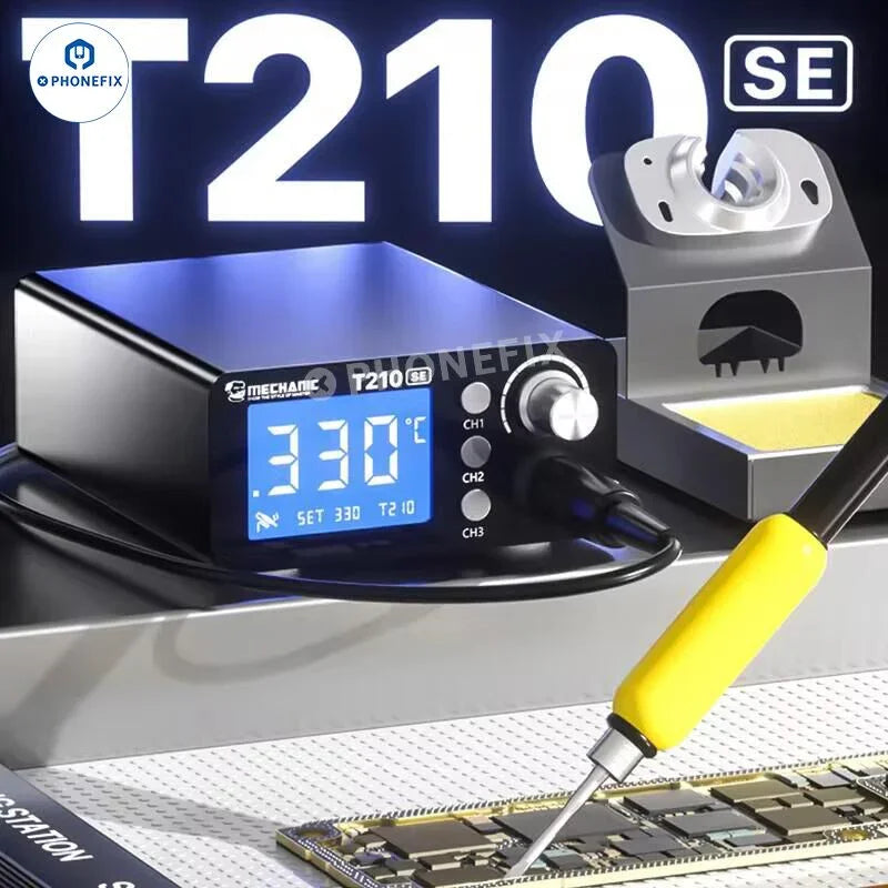 Estación de soldadura BGA PhoneFix MECHANIC T210 SE con puntas de soldador C210 para soldadura termostática precisa y retrabajo.