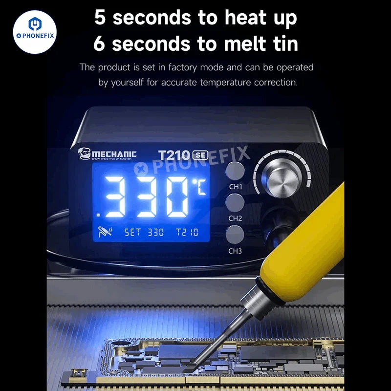 Estación de soldadura BGA PHONEFIX MECHANIC T210 SE con puntas de soldador C210, herramienta de soldadura termostática de precisión para reparación de componentes electrónicos.