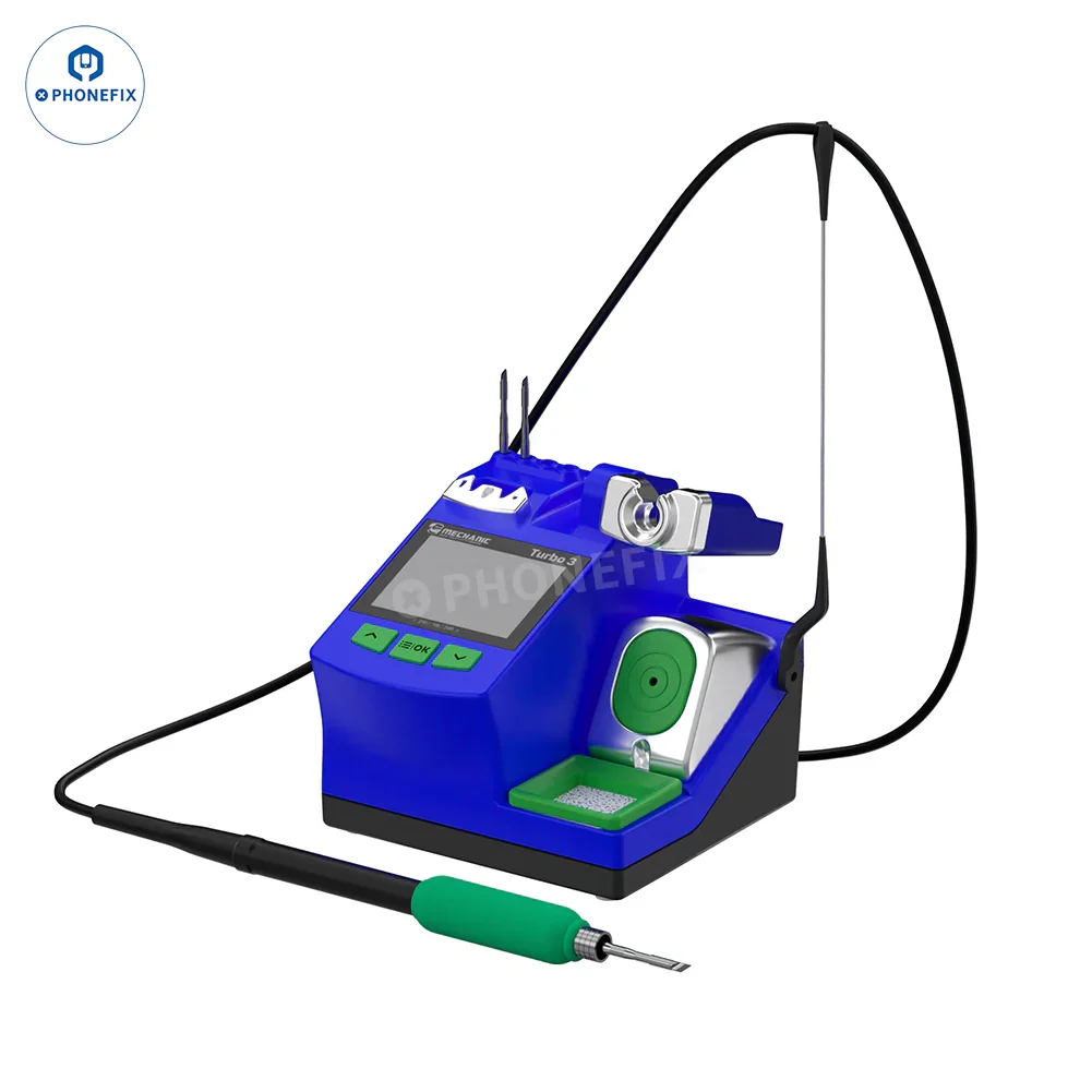 PhoneFix MECHANIC Turbo 3 150W Nano BGA Soldering Station with C210 tips, featuring compact design and precision soldering tools.