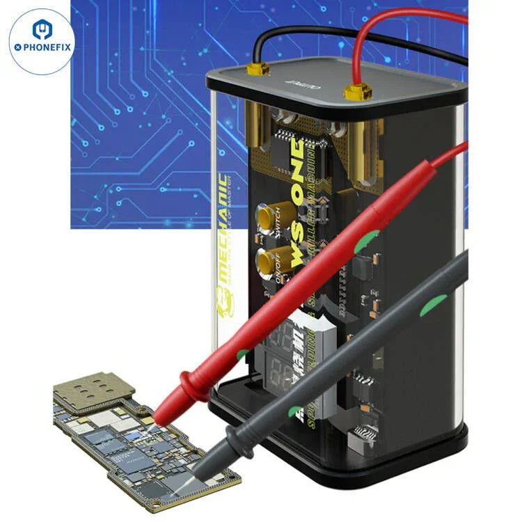 PHONEFIX Mechanic WS ONE Spot Welding Short Killer BGA Soldering Station with welding tip and control panel visible.