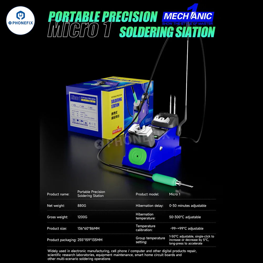 Portable MECHANIC MICRO 1 BGA soldering station for phone repair by PHONEFIX, featuring digital controls and compact design.