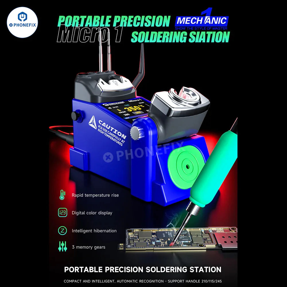 Portable PHONEFIX MECHANIC MICRO 1 BGA soldering station with digital controls for phone repair work.