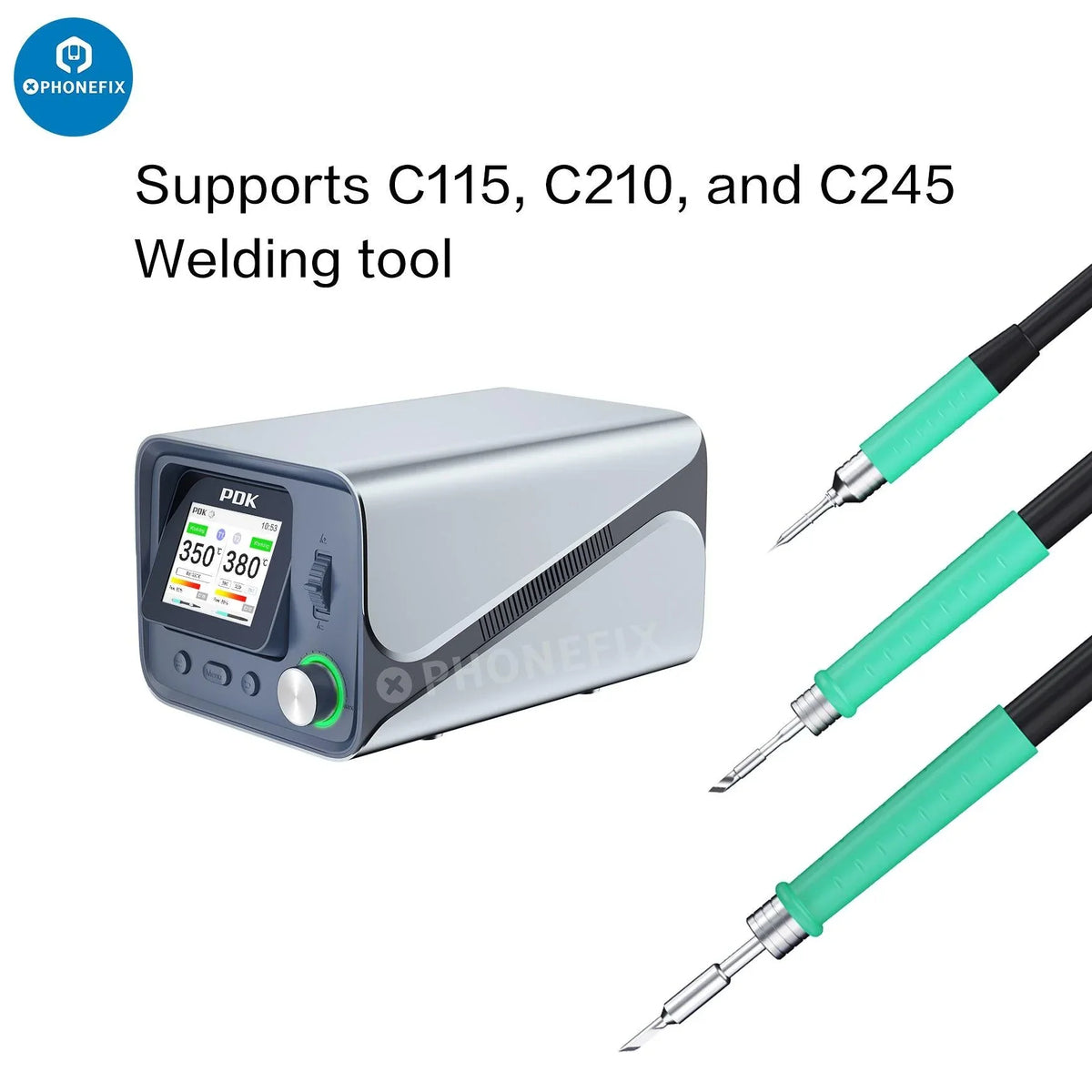 i2C PDK1200 BGA soldering station by PHONEFIX with NT115, T210, T245 handles for precision circuit board repair.