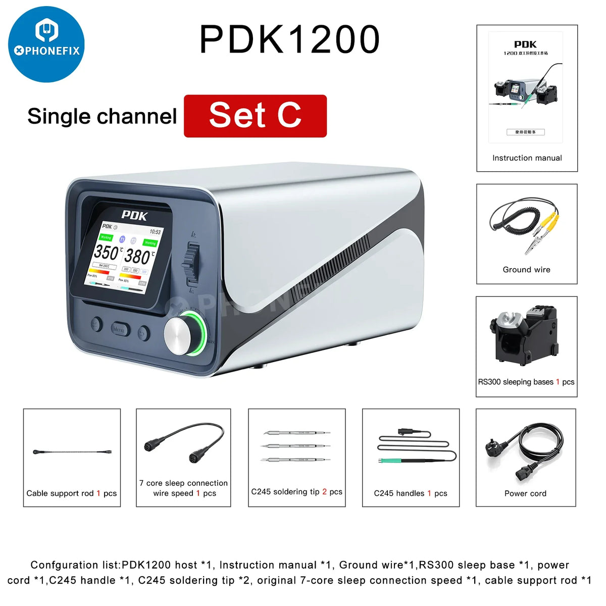 i2C PDK1200 BGA soldering station with NT115, T210, T245 handles by PHONEFIX, used for precise electronics soldering.