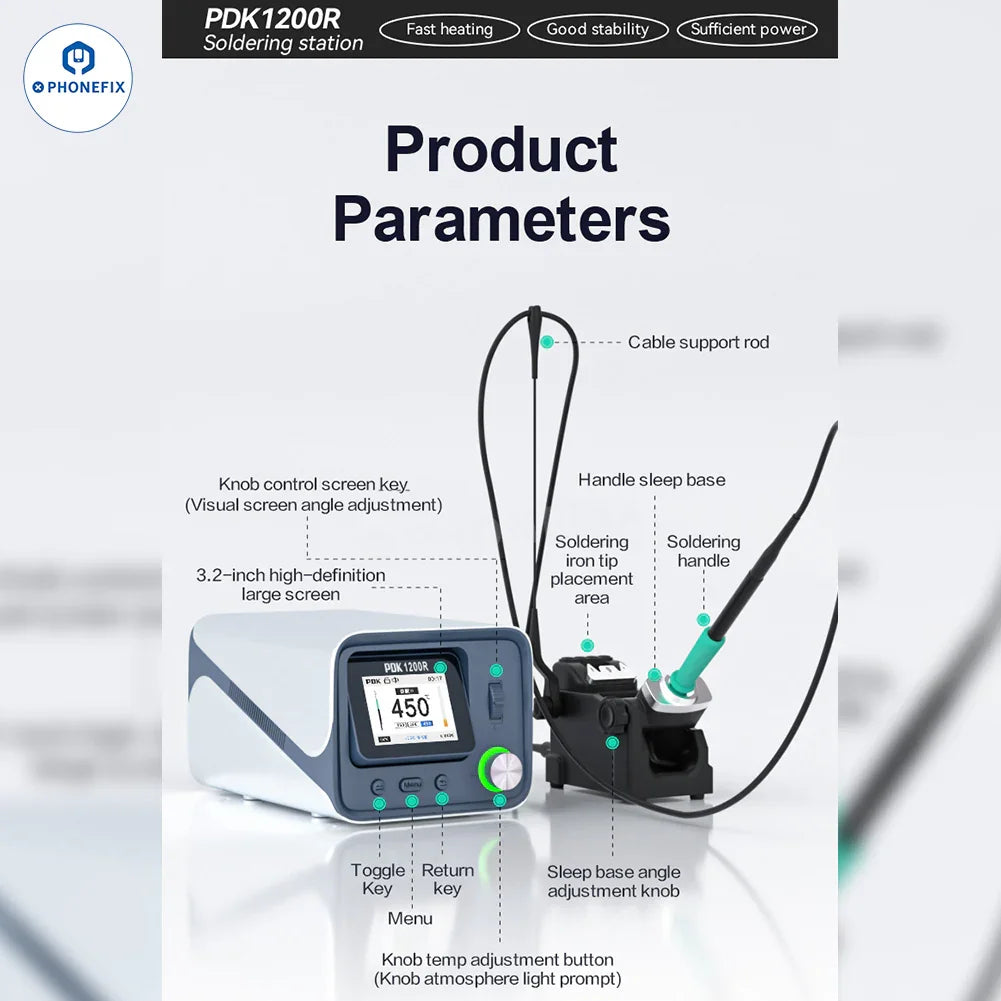 PhoneFix PDK1200R 400W BGA soldering station with T470 handle and C470 iron tips for precise electronic soldering.