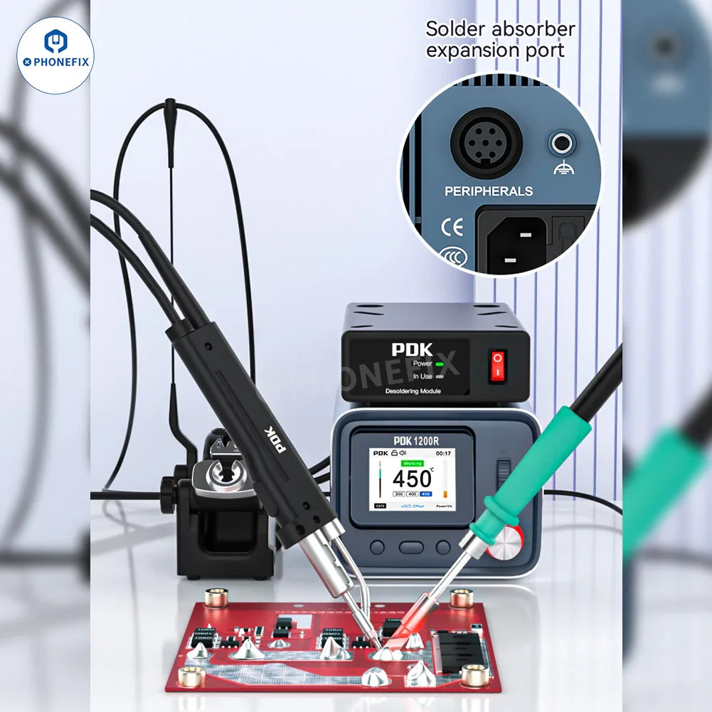 Phonefix PDK1200R 400W BGA soldering station with T470 handle and C470 iron tips for precise electronic soldering.