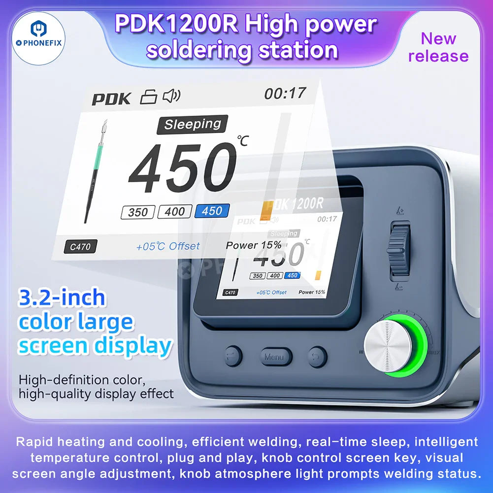 PHONEFIX PDK1200R BGA soldering station with T470 handle and C470 iron tips, 400W professional soldering equipment.