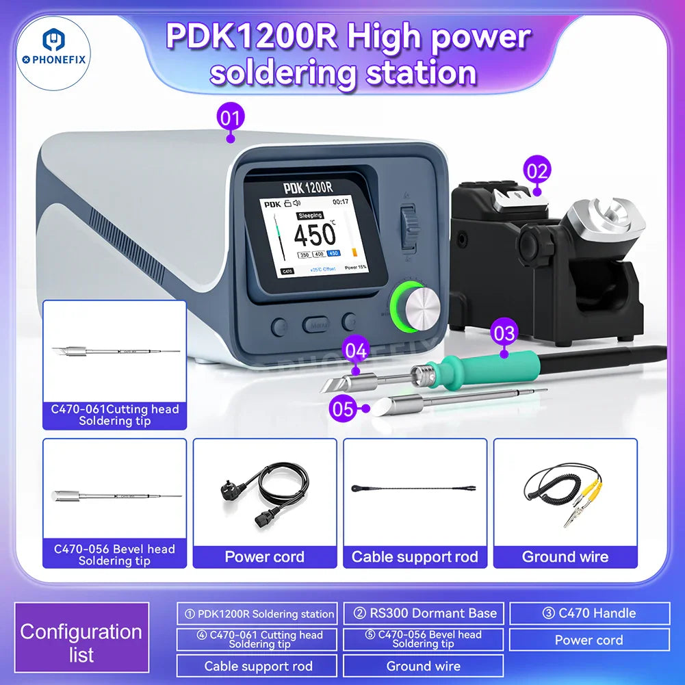 PhoneFix PDK1200R 400W BGA soldering station with T470 handle and C470 iron tips, ideal for precise electronics work.
