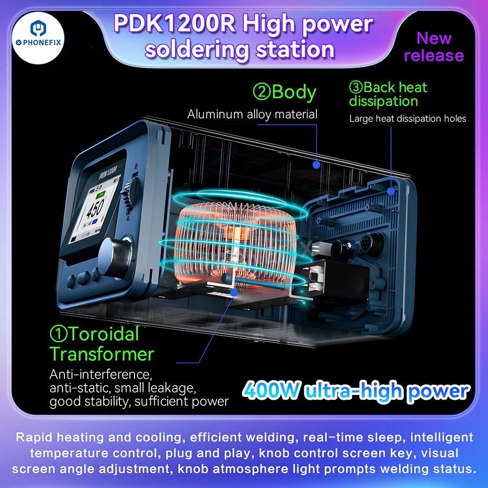 PHONEFIX PDK1200R BGA soldering station with 400W power, T470 handle, and C470 iron tips for precise soldering tasks.