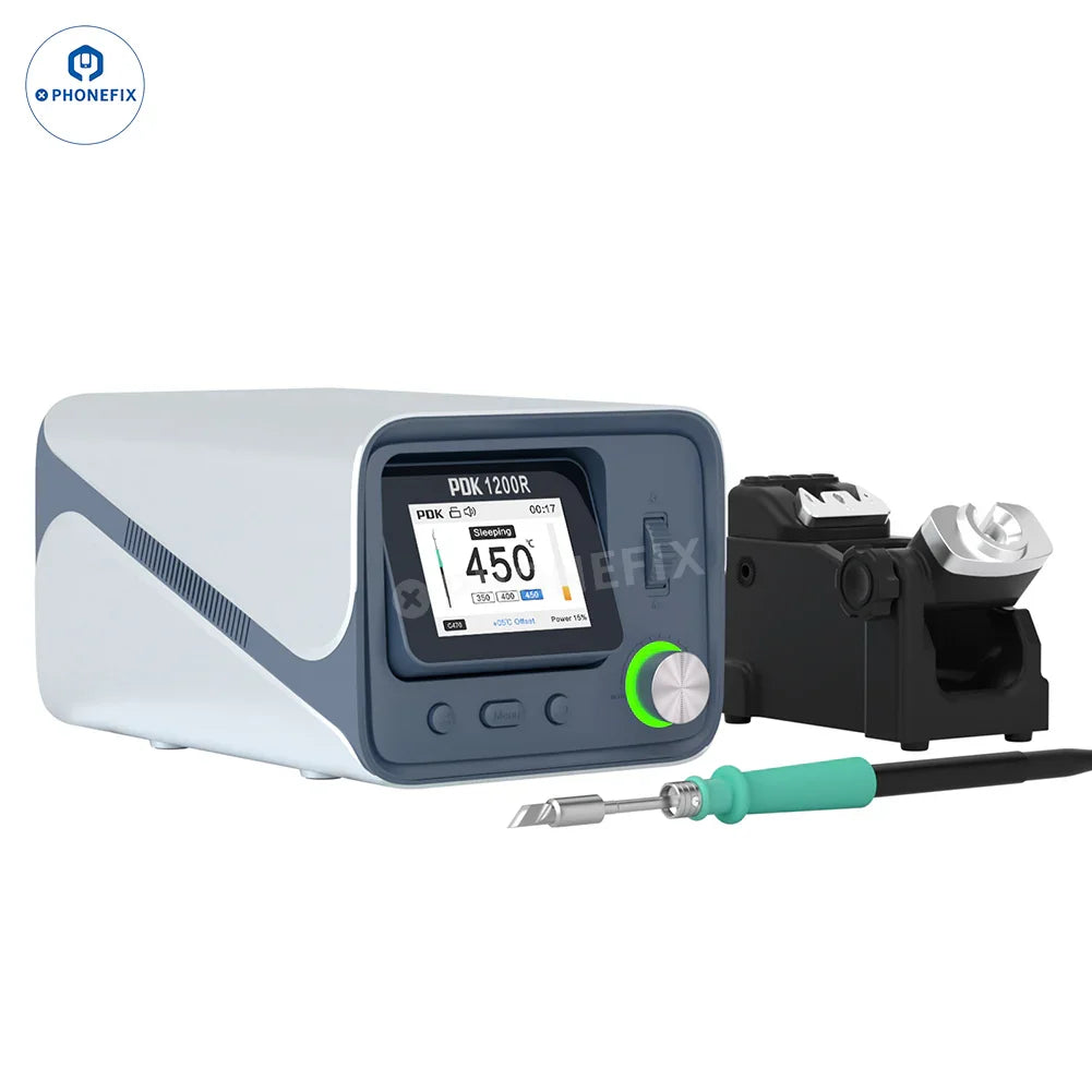PhoneFix PDK1200R 400W BGA soldering station with T470 handle and C470 iron tips, featuring digital display and ergonomic design.