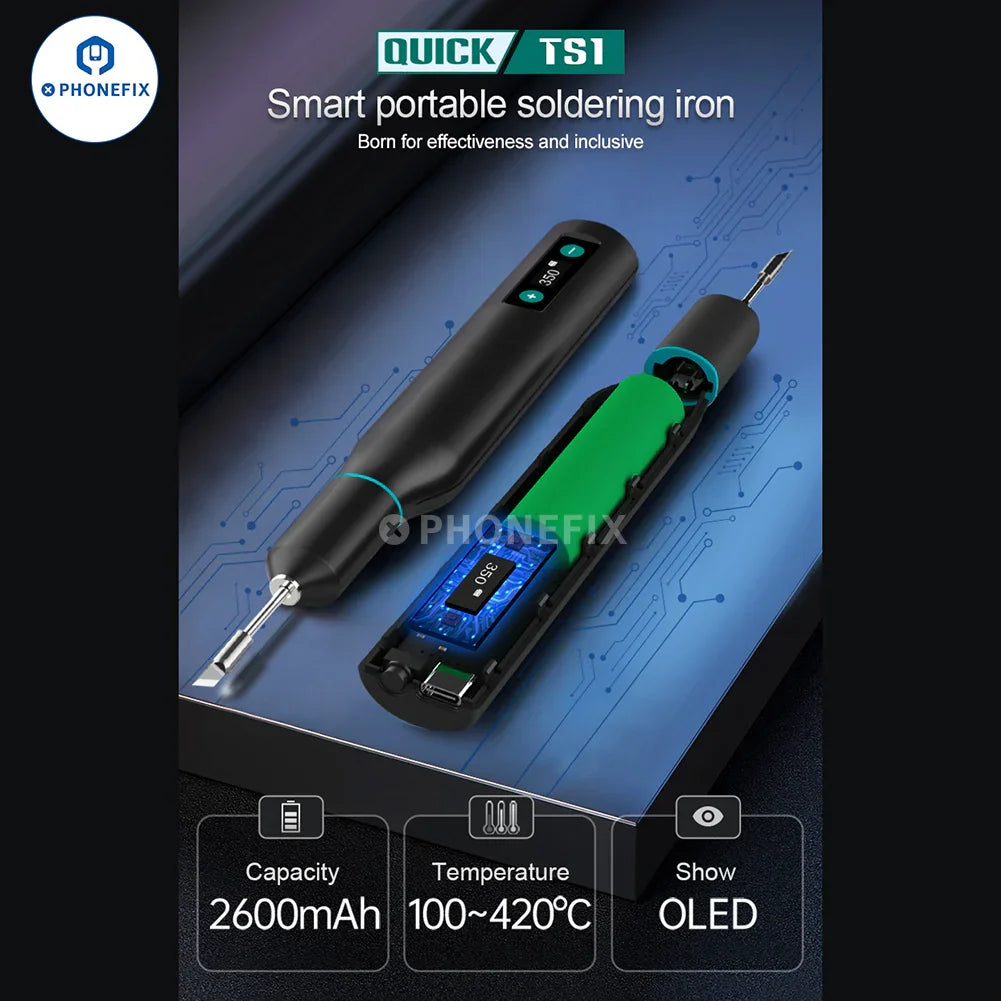 Quick TS1 portable soldering iron by PHONEFIX, a compact BGA soldering station with smart welding features.