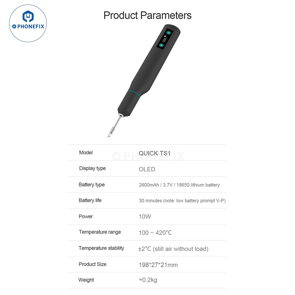 Quick TS1 portable soldering iron by PHONEFIX, compact BGA soldering station with smart welding features and ergonomic design.