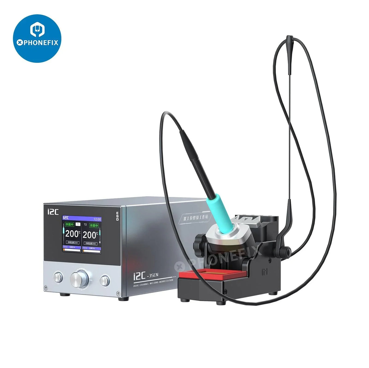 i2C 3SCN Dual BGA Soldering Station with C210 and C115 handles for PCB repair, manufactured by PHONEFIX, on a workbench.