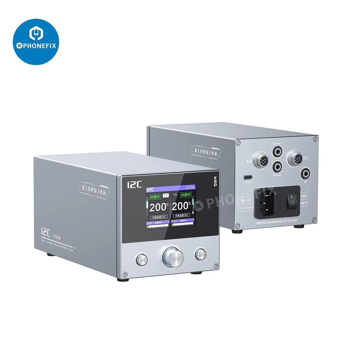 i2C 3SCN dual welding station with C210 and C115 handles for BGA soldering and PCB repair, by PHONEFIX.