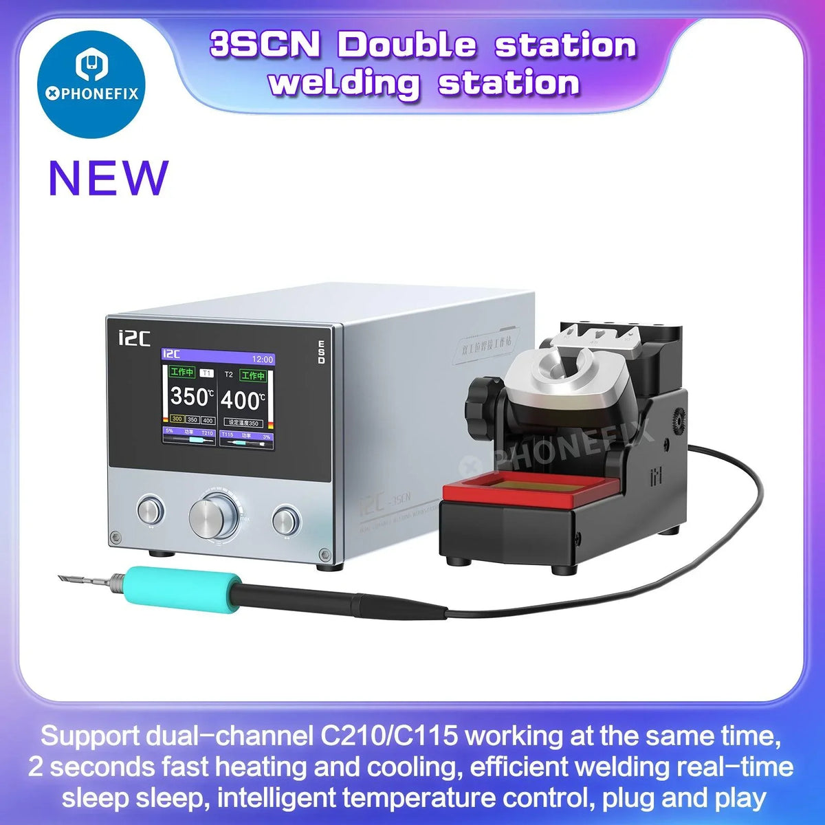 i2C 3SCN dual welding station with C210 and C115 handles for PCB repair, BGA soldering station by PHONEFIX.