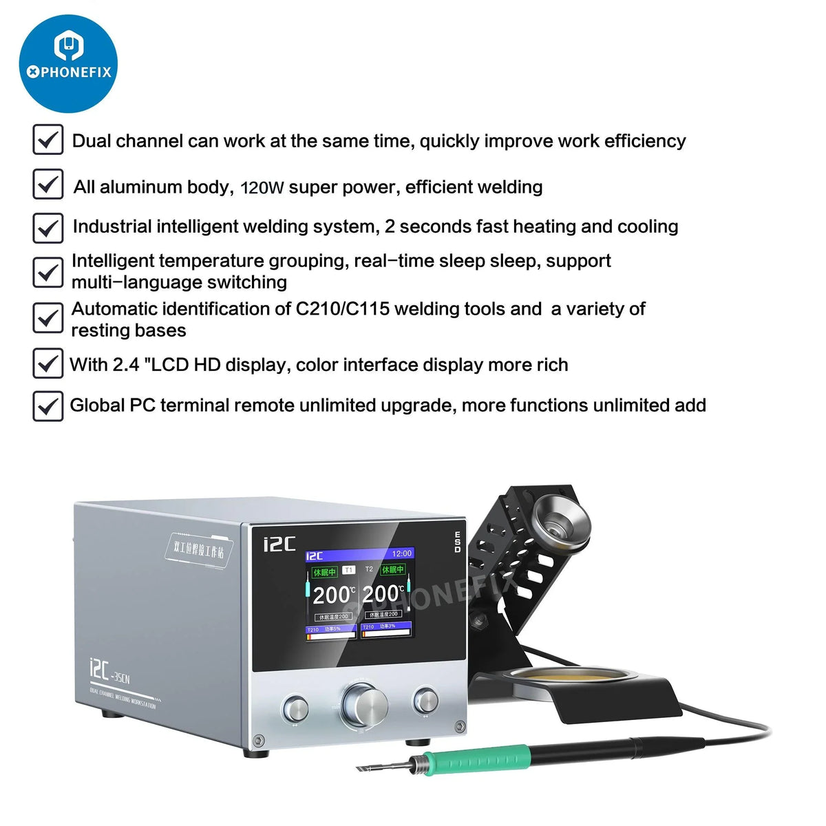PhoneFix i2C 3SCN BGA soldering station with C210 and C115 handles, dual welding station for PCB repair and rework.