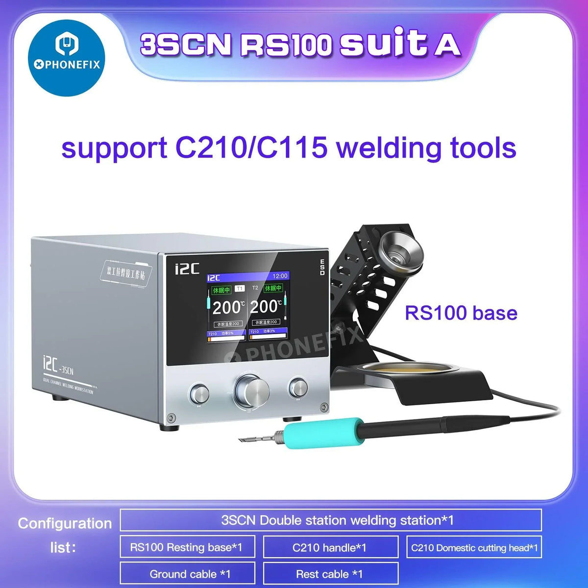 i2C 3SCN dual welding station with C210 and C115 handles for BGA soldering and PCB repair by PHONEFIX.