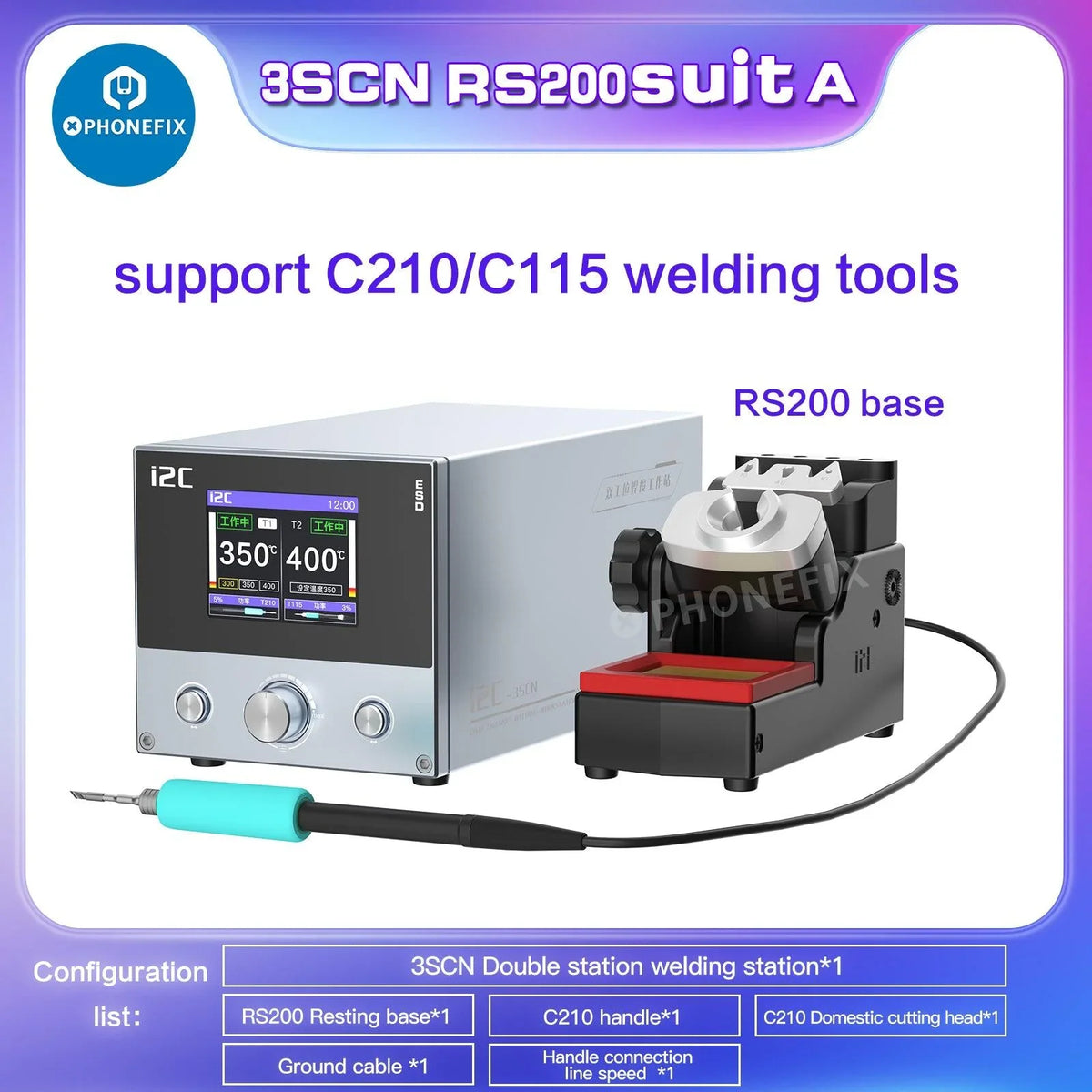 i2C 3SCN dual BGA soldering station with C210 and C115 handles for PCB repair, by PHONEFIX, with various tools and handles visible.