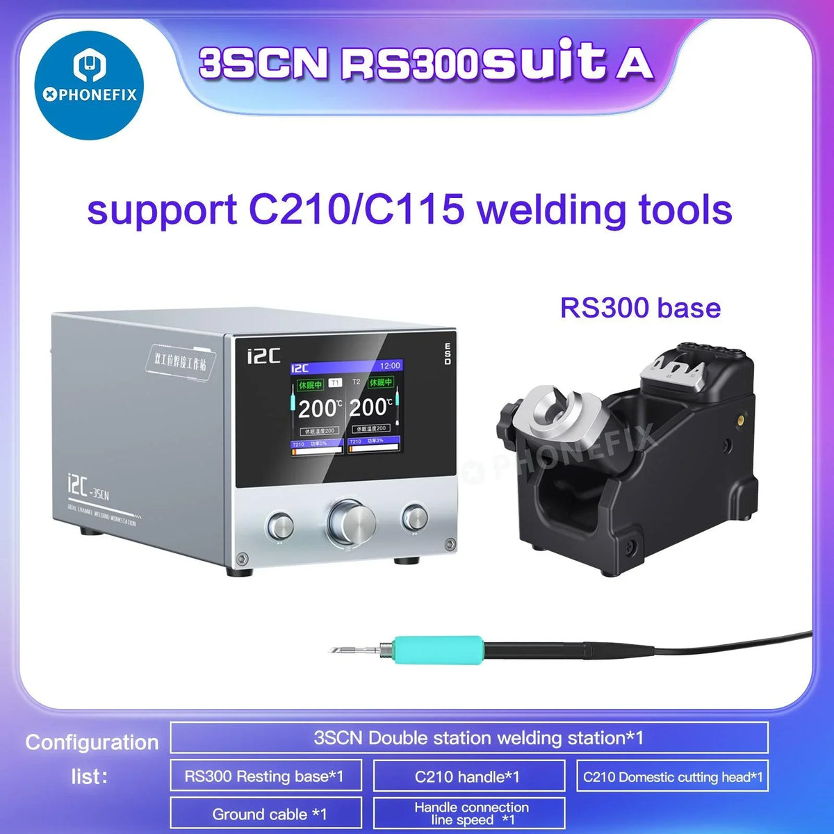 i2C 3SCN dual welding station with C210 and C115 handles, BGA soldering station for PCB repair by PHONEFIX.