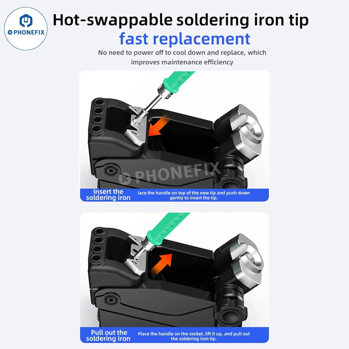 Phonefix RS400 BGA soldering station handle with sleep base, compatible with RS300, C115, C210, C245, and C470 models.