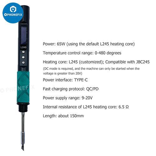 Silver 65W portable digital soldering pen by PHONEFIX, compatible with BGA soldering stations, JBC 245 electric soldering tool.